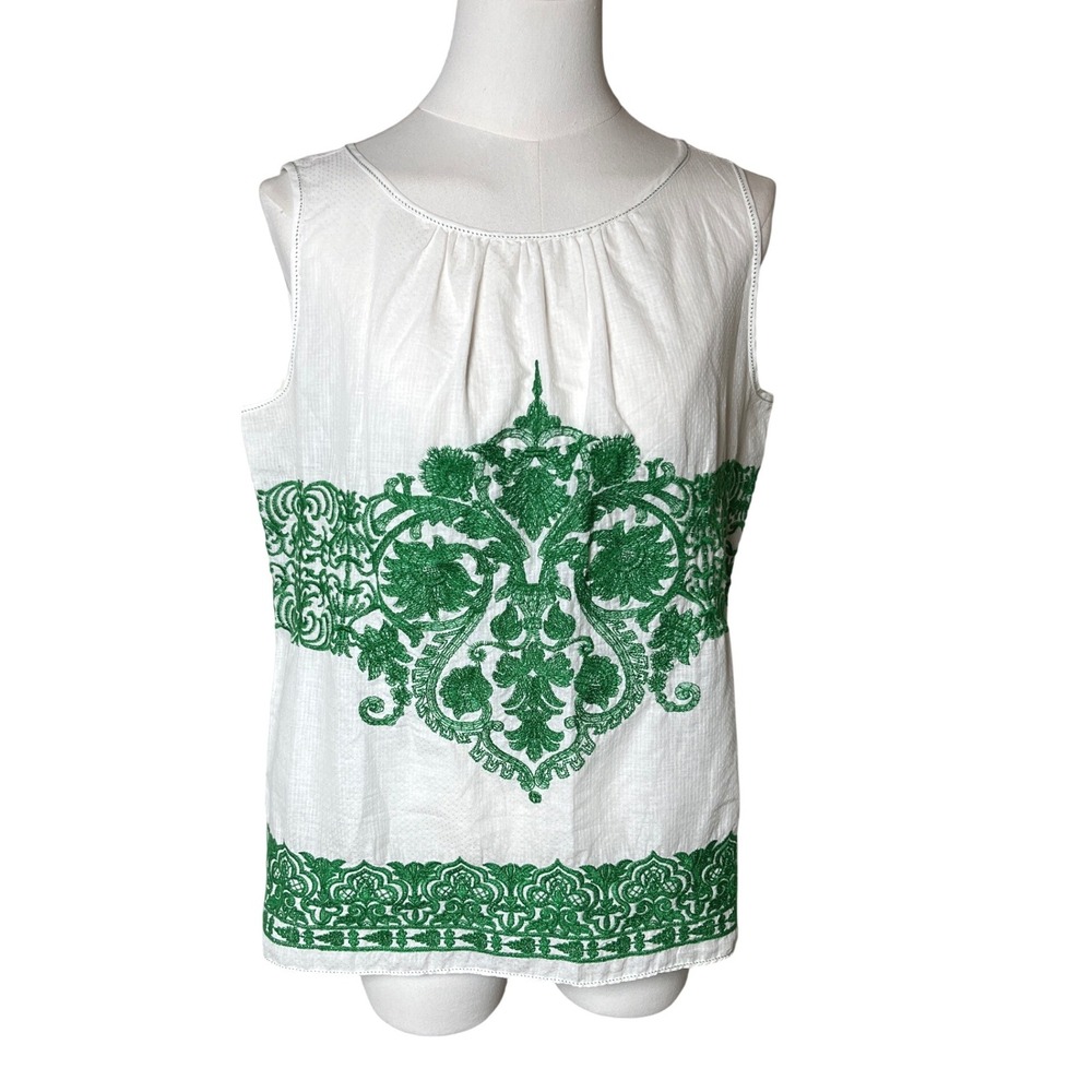 Embroidered Cotton Damask Sleeveless Top Green White M.S.S.P Max Studio